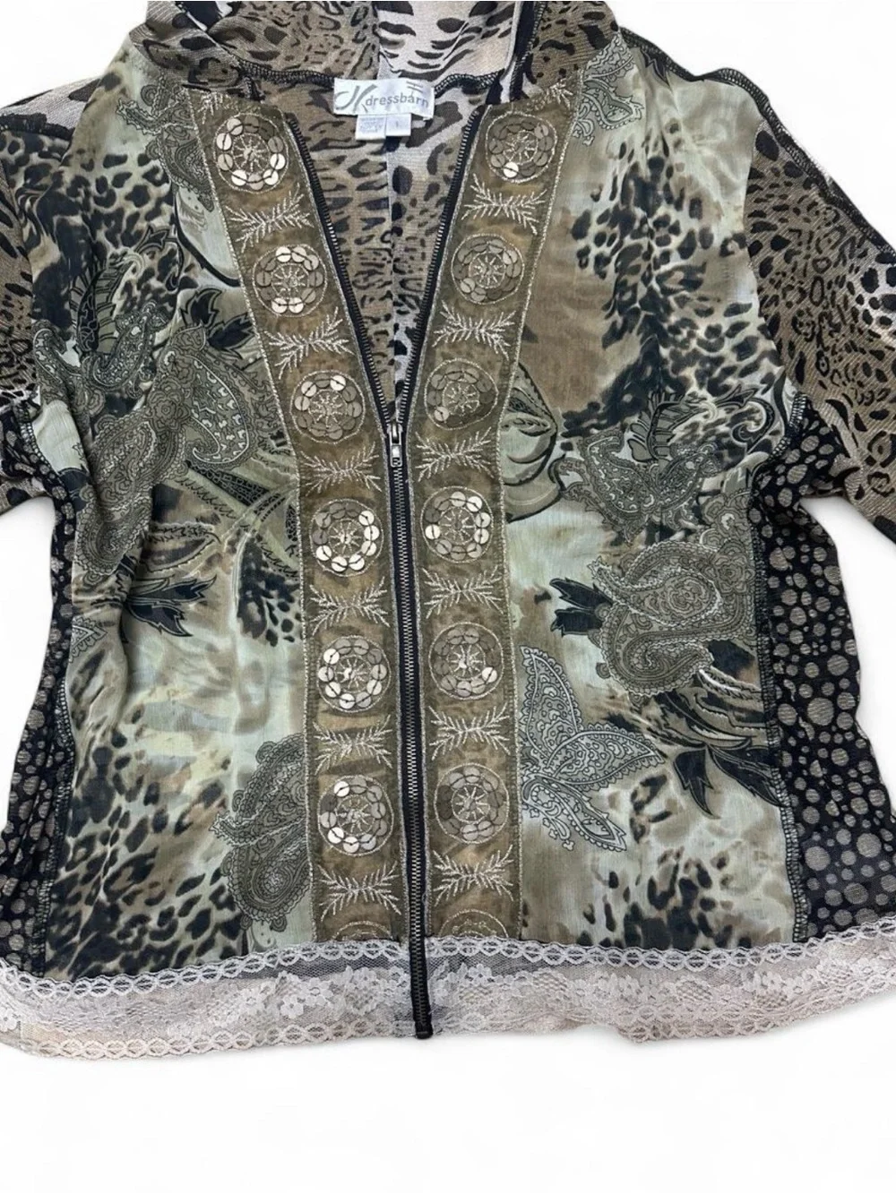 Whimsigoth Leopard Patchwork Zip Hoodie Lace Trim Boho Fairy Grunge Y2K Jacket